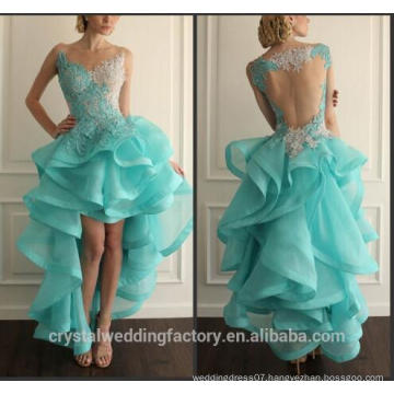 New High Low Prom Dresses Hi Lo Gown Blue Organza with Lace Ruffles Blue Beaded Lace Sheer Back Party Prom Dress CWFP2445